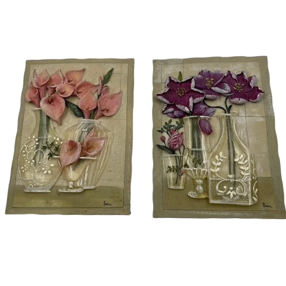 Baem Signed 3D Floral Relief Wall Plaques Set of 2 Calla Lily Purple Flowers 7in